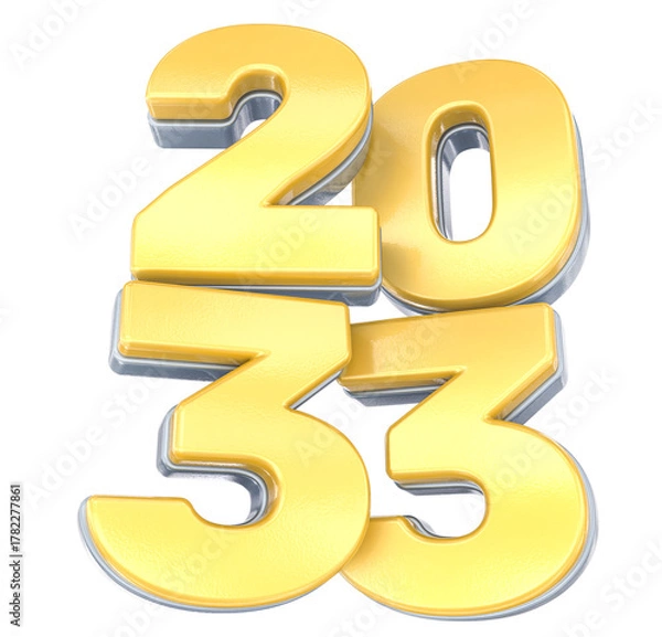 Fototapeta Golden glossy 3D numbers representing the year 2033, standing proud on a reflective isolated background.