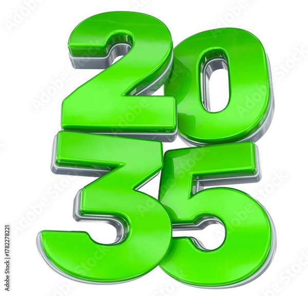 Obraz Vibrant neon green 2035 year digits render in glossy 3D chrome typography, isolated for calendar concepts.