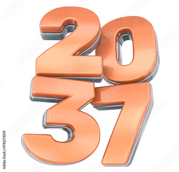 Fototapeta Glossy 3D Year 2037 Numbers in Peach and Silver Metallic Finish Isolated on White.