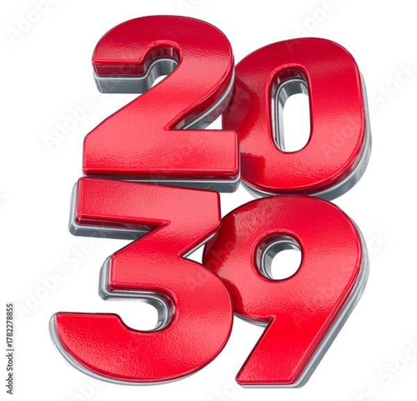 Obraz 3D Red Metallic Year 2039: Futuristic Design with Chrome Edge Detailing Isolated on Transparent Background