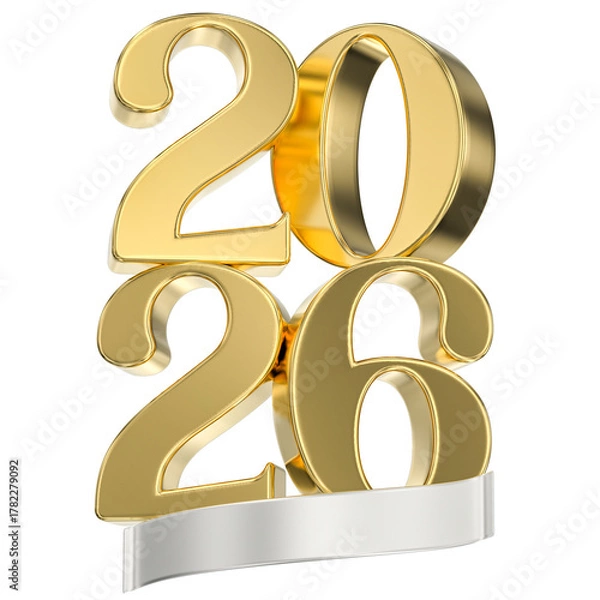 Fototapeta 3D Rendering of Golden 2026 Numbers and Silver Banner Isolated for New Year Celebration and Anniversary Events