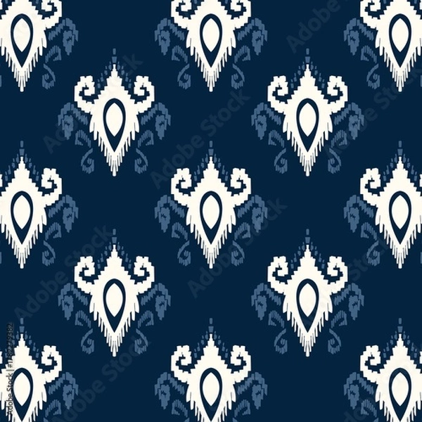 Fototapeta African ethnic tribes, this fabric design blends traditional tribal patterns with a contemporary aesthetic. Ethnic a refined palette of blue tones, the pattern ethnic cultural depth while offering a 