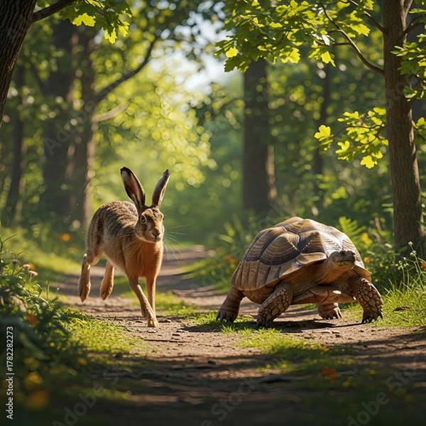 Fototapeta The hare and the tortoise race through the forest, teaching patience and cleverness.