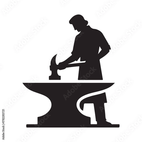 Obraz Blacksmith at Anvil vector silhouette outline logo design concept illustration