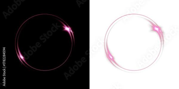 Fototapeta Pink swirl light ring PNG with shiny particles and glowing trail. Bright round circle with glitter for love, wedding, or modern background.