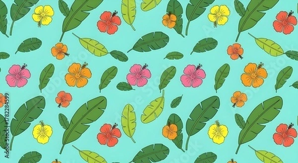 Fototapeta Bold graphic vector pattern depicting tropical banana leaves and hibiscus flowers in flat bright colors with clean outlines.
