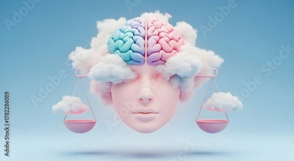 Fototapeta Expressive digital art of a calm brain surrounded by soothing pastel clouds, soft lighting, and gentle gradients conveying mindfulness and balance