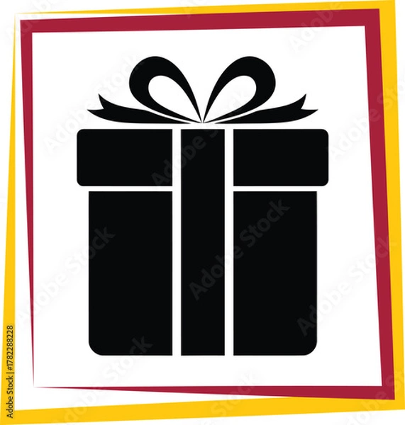 Obraz Black gift box icon with a decorative ribbon and bow, set in a modern, colorful frame, symbolizing a present, holiday surprise, or special event giveaway.