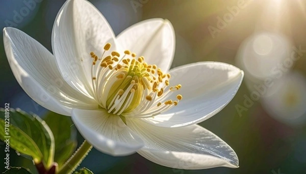 Obraz Close-Up of White Hellebore Flower with Yellow Stamens in Sunlight