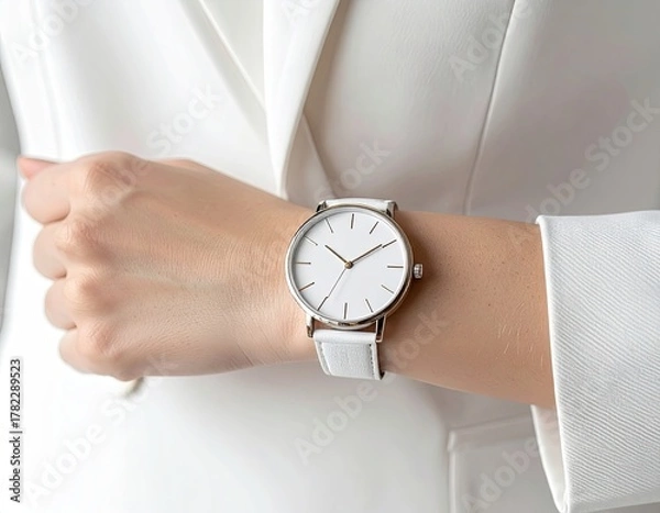 Obraz Close Up of White Watch with Gold Details on Woman's Wrist Wearing White Blazer in Soft Light
