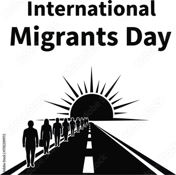 Fototapeta Illustration of international migrants day with people walking towards the sun vector graphic design