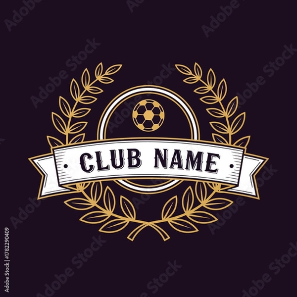 Fototapeta Minimalist football club logo, editable club name, simple outline design, gold color theme, vector style, easy to trace, white background"