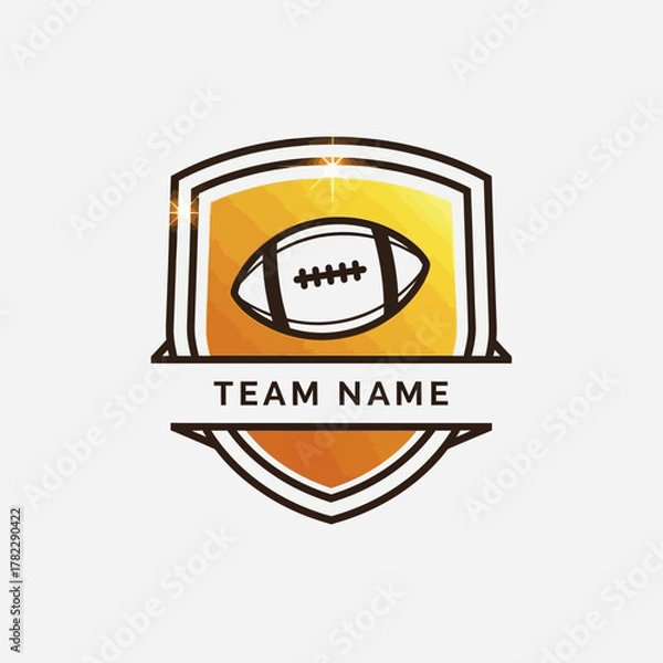 Fototapeta Shield-shaped football logo, gold gradient effect, editable name text, flat vector lines, elegant and easy to trace design"