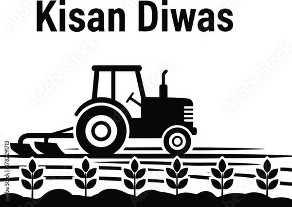 Fototapeta Illustration of tractor plowing field for kisan diwas farmers day,  concept of agriculture and farming