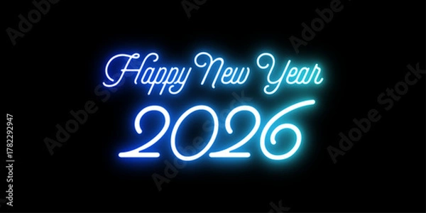 Fototapeta Happy New Year 2026 – Blue Neon Sign Typography on Black Background – Glowing Vector Design for Banners, Social Media, Posts, Prints & Party Invites