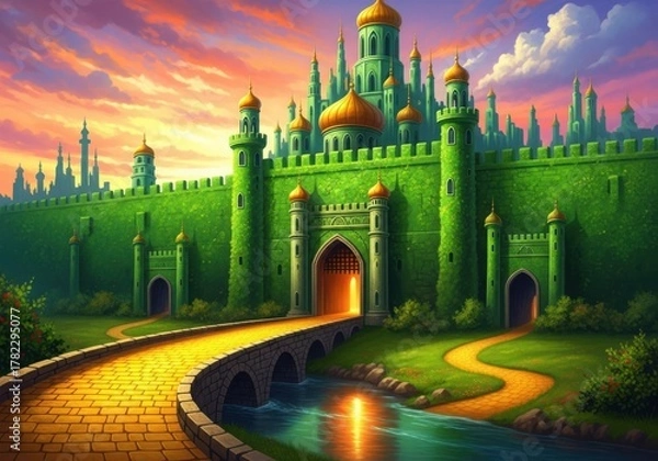 Fototapeta Enchanted emerald city castle with golden brick road and bridge under a vibrant sunset