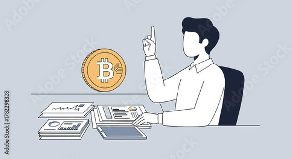 Fototapeta A person sitting at a desk, raising a finger in a moment of insight, next to a floating Bitcoin coin and stacks of financial documents, symbolizing cryptocurrency, finance, blockchain, investment