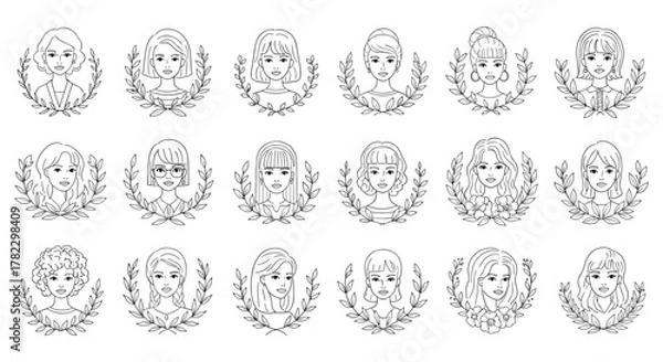 Fototapeta Diverse collection of stylized female portraits in line art, each framed by delicate laurel wreaths, showcasing a variety of hairstyles, facial features, and expressions, perfect for representing