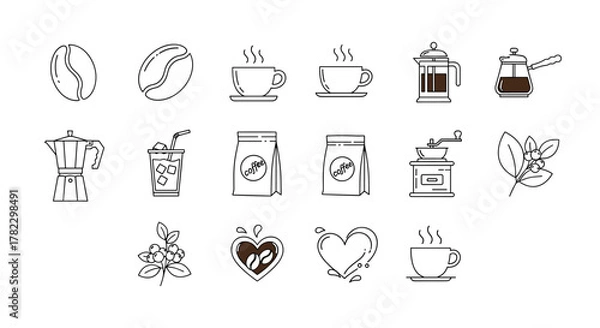 Obraz A collection of thin line icons representing various coffee-related elements, including coffee beans, cups of hot and iced coffee, coffee bags, brewing equipment like a Moka pot and French press, a