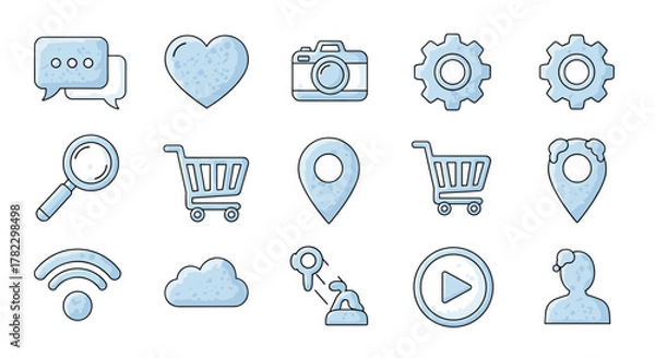 Obraz A collection of modern outline-style icons in a light blue watercolor texture, featuring chat bubbles, a heart, a camera, gears, a magnifying glass, shopping carts, map pins, Wi-Fi signal, a cloud, a