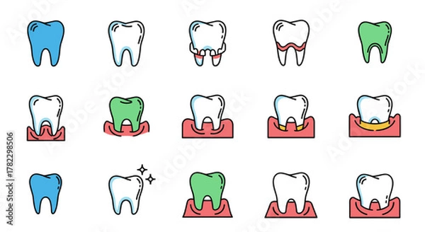 Fototapeta Collection of minimalistic vector cartoon illustrations depicting various tooth conditions and dental health concepts, including healthy teeth, teeth with braces, gingivitis, and sparkling clean