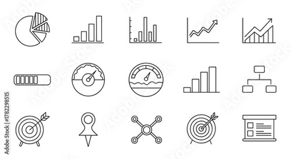Obraz Collection of outline icons representing business and finance concepts, including pie charts, bar graphs, progress bars, speedometers, targets, organizational charts, and presentation boards, perfect