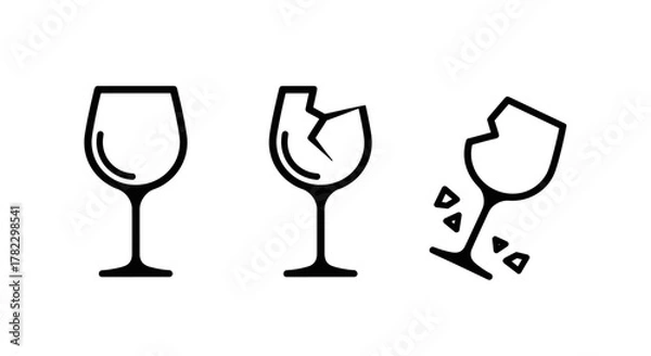 Obraz Minimalistic set of three wine glass icons, one intact and two broken, symbolizing fragility and accidents, presented as vector cartoon illustrations on a clean white background, perfect for graphic