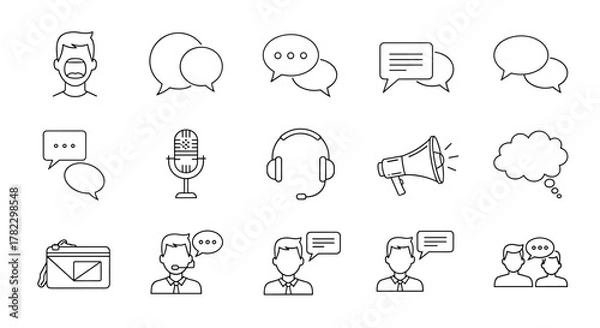 Obraz A collection of minimalistic thin line icons representing communication and dialogue, featuring a man talking, speech bubbles, a microphone, headphones, a megaphone, and a thought bubble, perfect for
