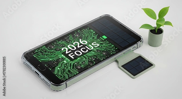 Obraz Future focused smartphone with solar charging case and green circuit board design