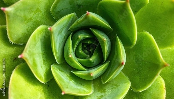 Obraz Close Up Shot of Green Succulent Plant with Geometric Leaves in Bright Studio Lighting Revealing Natural Symmetry and Vibrant Color Palette Detailed Floral