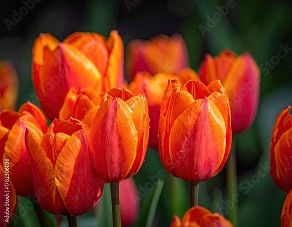 Obraz Close Up Shot of Vibrant Orange and Red Tulips in a Garden with Green Foliage During Daylight