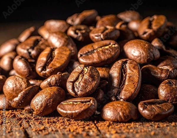 Obraz Close Up Shot of Roasted Coffee Beans with Brown Shavings on Rustic Wooden Surface in Warm Light Detailed Texture and Dark Background