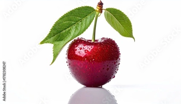 Obraz Close Up Studio Shot of a Glossy Red Cherry with Green Leaves and Water Droplets on a Seamless White Background
