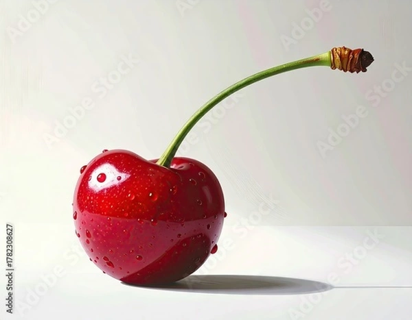 Obraz Close Up Studio Shot of a Single Ripe Red Cherry with Water Droplets and Green Stem Against a White Background
