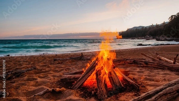 Obraz Inviting bonfire by the shore during summer, enhancing relaxation and social interaction