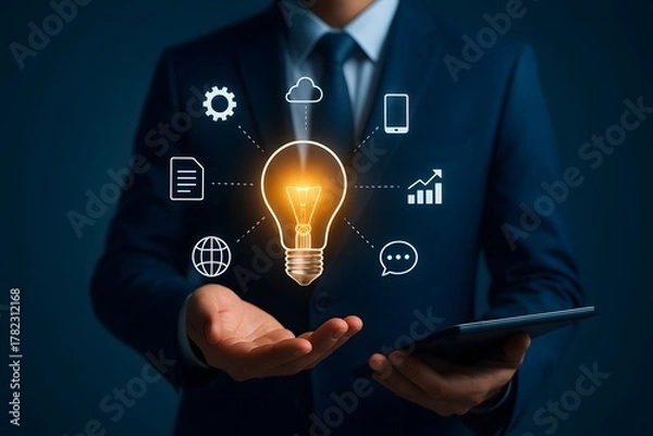 Fototapeta Innovation and technology concept with businessman holding glowing lightbulb and digital network icons