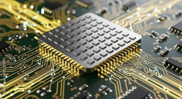 Fototapeta Advanced microprocessor integrated circuit on a glowing printed circuit board.