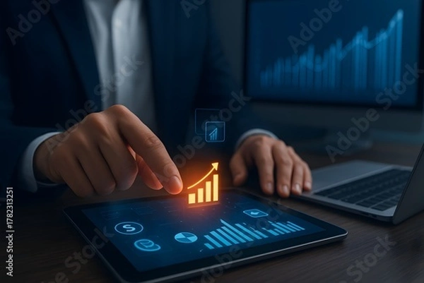 Fototapeta Business professional analyzing financial growth data on digital tablet with futuristic graph and analytics dashboard in modern office
