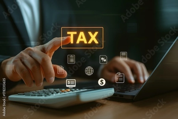 Fototapeta Businessman calculating taxes using digital interface with TAX button, laptop, and calculator in modern office concept

