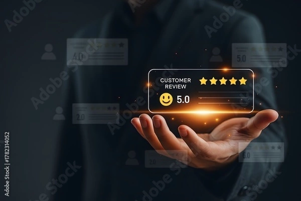 Fototapeta Businessman holding glowing customer review hologram with 5 star rating for excellent service and brand reputation concept
