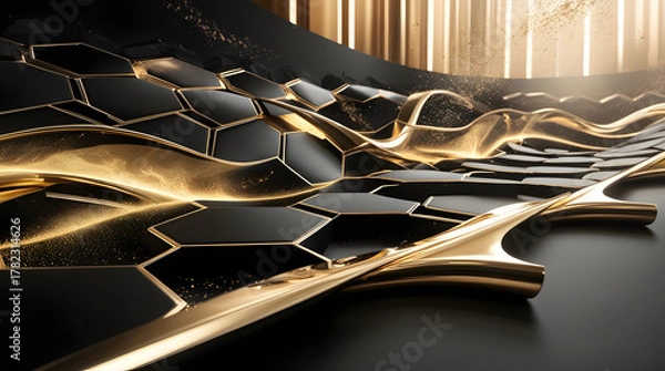 Fototapeta Ultra-Luxury Black and Gold Geometric Energy Flow – 16K HDR Futuristic Background