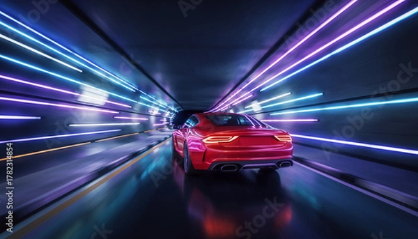 Fototapeta Red Sports Car Speeding Through Futuristic Tunnel — Motion Blur, Neon Lights, Fast Driving Concept, Modern Automotive Design