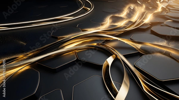 Fototapeta Ultra-Luxury Black and Gold Geometric Energy Flow – 16K HDR Futuristic Background