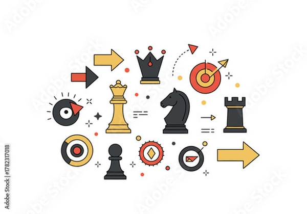 Obraz Flat design chess pieces targets arrows and compasses