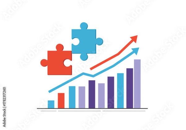 Obraz Jigsaw puzzle pieces atop a bar graph with upward arrows
