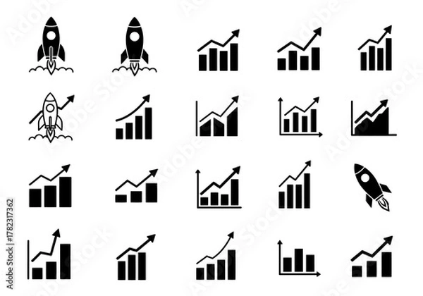 Obraz Set of black rocket and bar chart icons on a white background