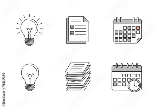 Obraz Six icons three lightbulbs two document stacks and two calendars