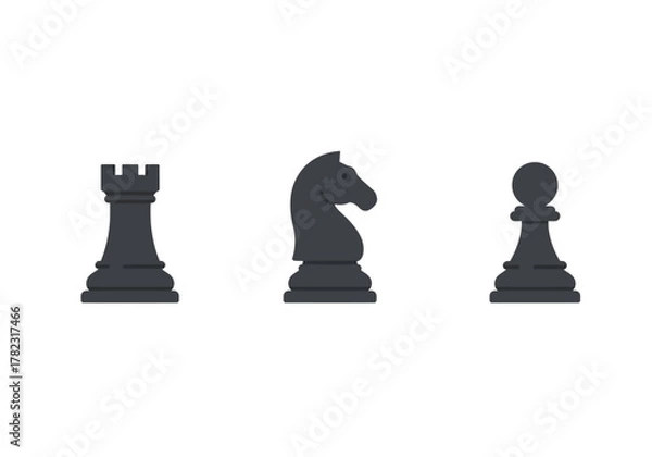 Obraz Three black chess pieces rook knight and pawn on a white background