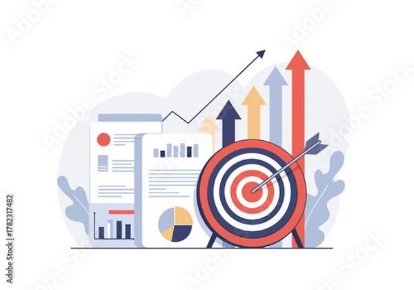 Obraz Target hit with arrow amidst upward trending graphs and charts