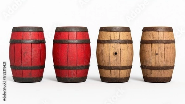 Obraz Five rustic wooden barrels of varying sizes create a charming and timeless display against a clean white backdrop